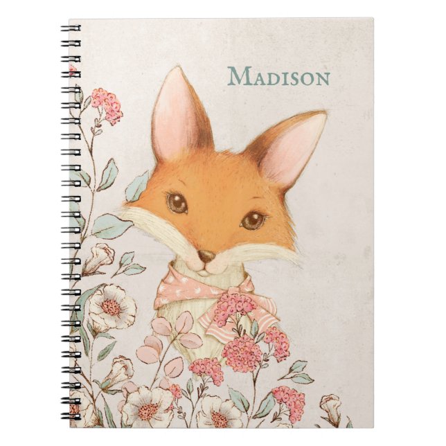 Little Fox Girly Vintage Cute Name Personalized Notebook (Front)