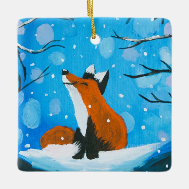 Little Fox Loves Snow Ceramic Ornament (Front)