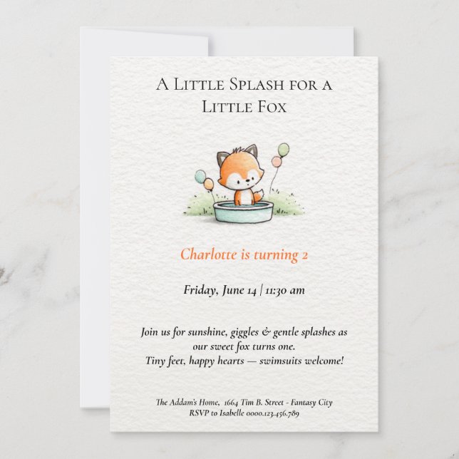 Little Fox Pool Party Birthday Invitation  (Front)