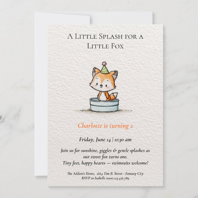 Little Fox Pool Party Birthday Invitation  (Front)