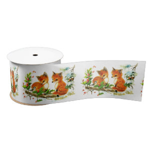 Little Foxes and Chickadee in the Snow Satin Ribbon