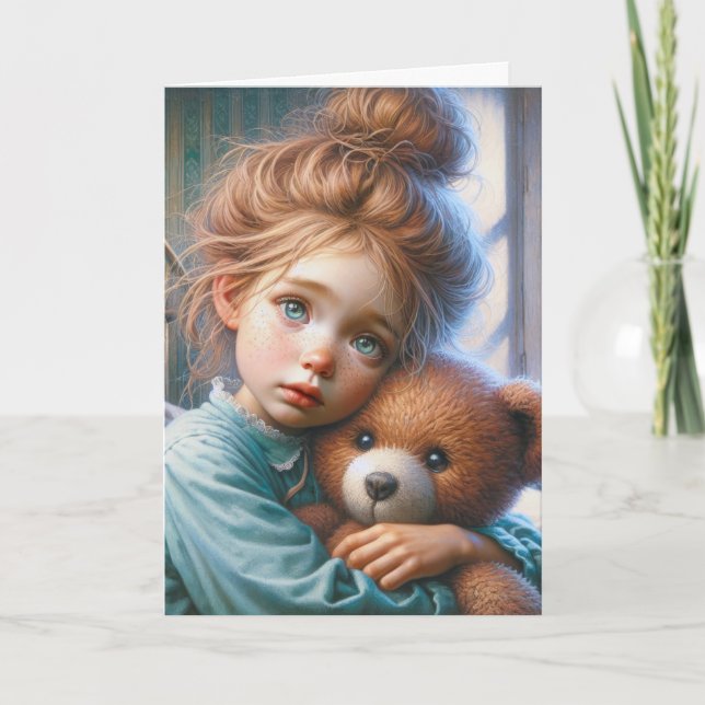 Little Freckled Girl Hugging a Teddy Bear Card (Front)