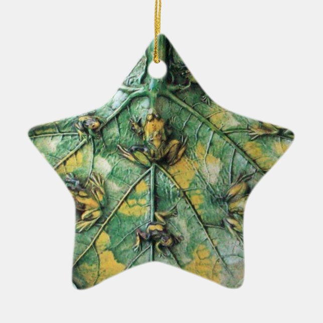 LITTLE FROGS ON A GREEN LEAF, Star Ceramic Ornament (Front)