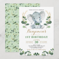 Little Gentleman Elephant Greenery Gold Birthday