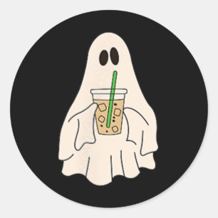 Little Ghost Drinking Iced Coffee Halloween Spooky Classic Round Sticker