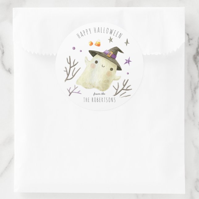 Little Ghost | Happy Halloween Treat  Classic Round Sticker (Bag)