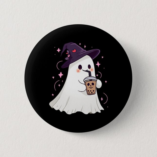 Little Ghost Ice Coffee Spooky Season Cute Ghost H 2 Inch Round Button (Front)