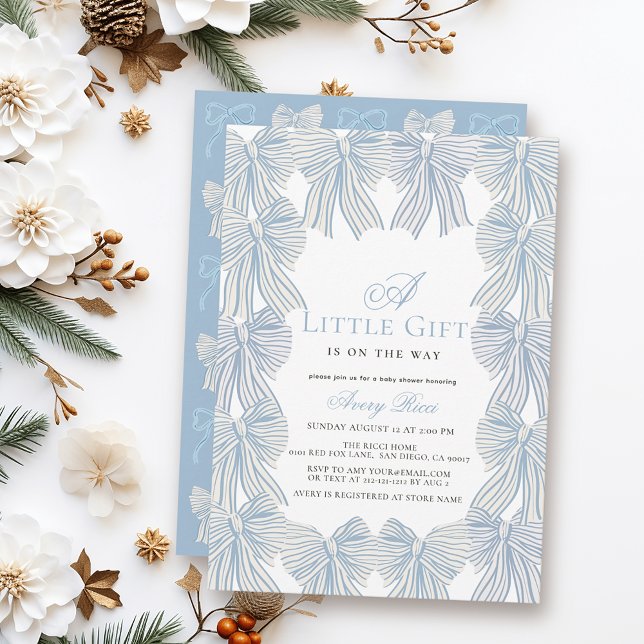Little Gift Blue Bow/Ribbon Boy Baby Shower Invitation (Creator Uploaded)