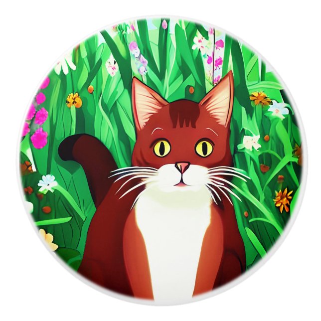 Little Ginger Brown Kitty in a Field of Flowers Ceramic Knob (Front)