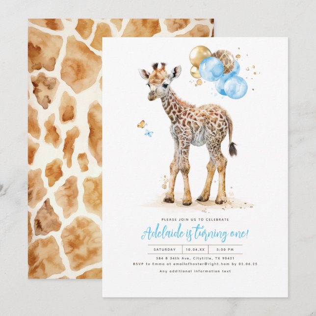 Little Giraffe Blue and Brown Boho Birthday Invitation (Front/Back)