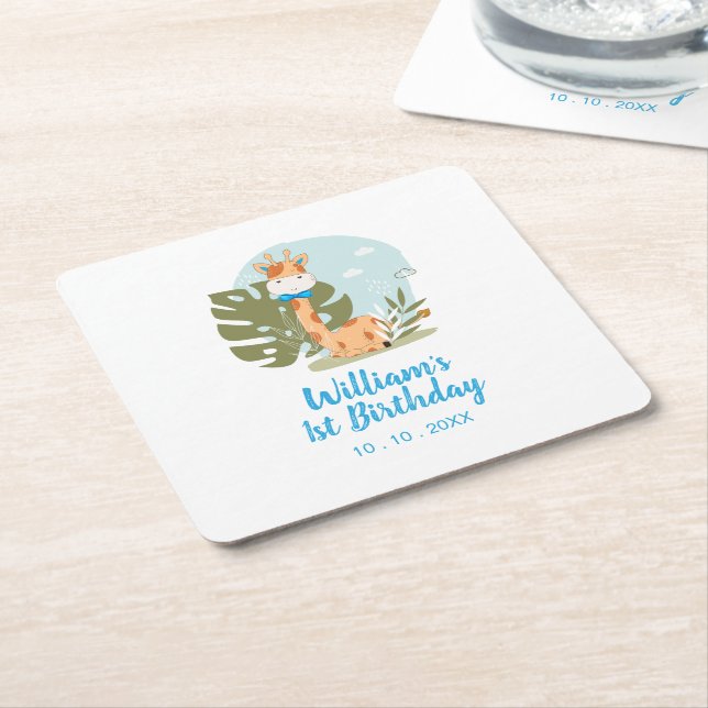 Little Giraffe (Boy Safari Animal) Birthday Square Paper Coaster (Angled)