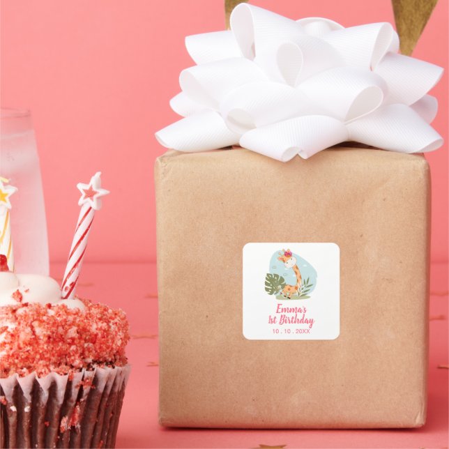 Little Giraffe (Girl Safari Animal) Birthday Square Sticker (Party)
