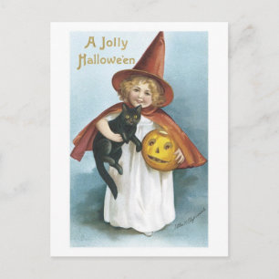 Little Girl and Black Cat Jolly Halloween Holiday Postcard