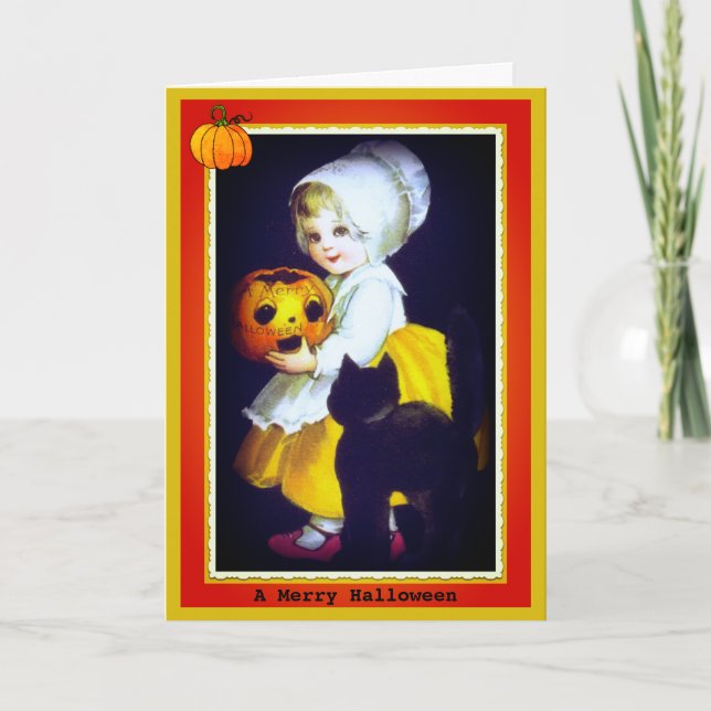 Little Girl and Black Cat Vintage Halloween Card (Front)