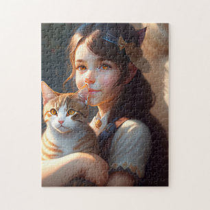 LITTLE GIRL AND CAT ART JIGSAW PUZZLE