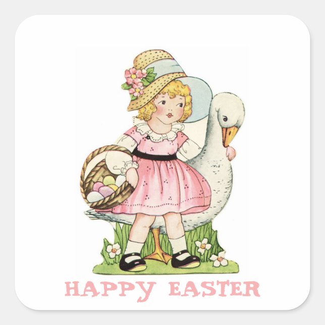 Little Girl and Goose Happy Easter Square Sticker (Front)