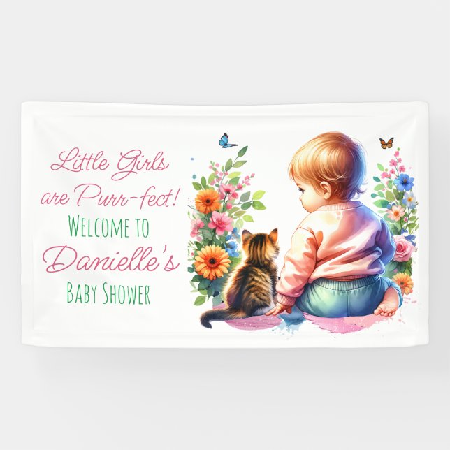 Little Girl and Kitten | Watercolor Baby Shower Banner (Horizontal)