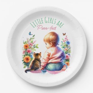 Little Girl and Kitten Watercolor Baby Shower Paper Plate