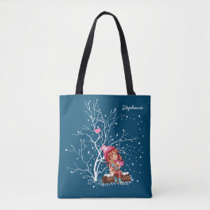 Little Girl and Kitty. Custom Name Christmas Gift Tote Bag