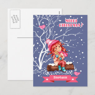 Little Girl and Kitty   Custom Name Christmas  Holiday Postcard