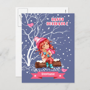Little Girl and Kitty   Custom Name Christmas  Holiday Postcard