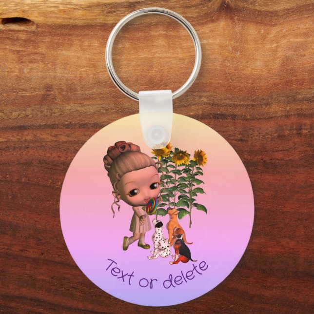 Little Girl And Puppies Cute Personalized Keychain (Front)