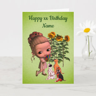 Little Girl And Puppies Personalized Birthday  Card