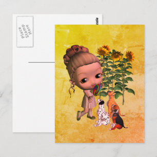 Little Girl And Puppies Postcard