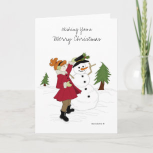 Little Girl and Snowman Christmas Card