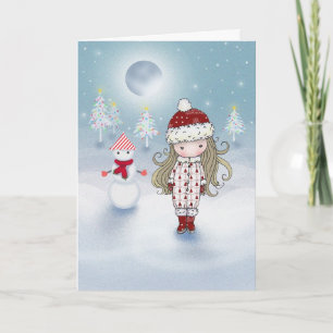 Little Girl and Snowman Christmas Card