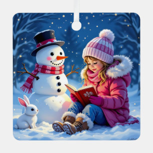 Little Girl and Snowman Personalized Christmas Metal Ornament
