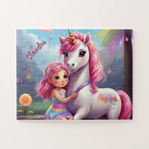Little Girl and Unicorn Fantasy Personalized Jigsaw Puzzle