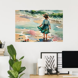 Little girl at the beach, watercolor ocean waves,  poster