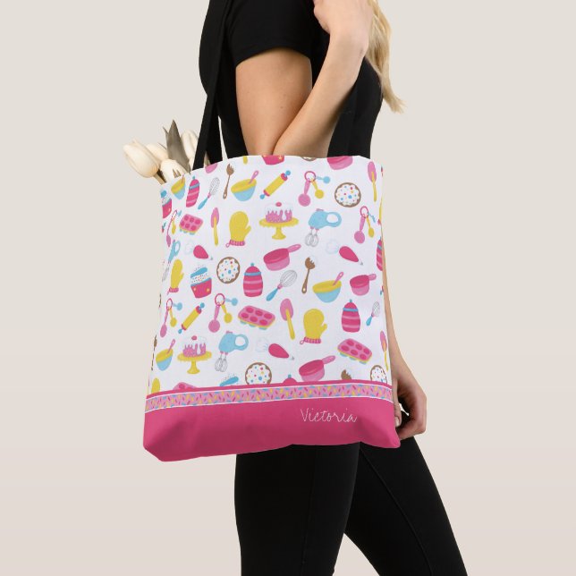 Little Girl Baker Pink Cooking Pattern Chef Kid Tote Bag (Close Up)