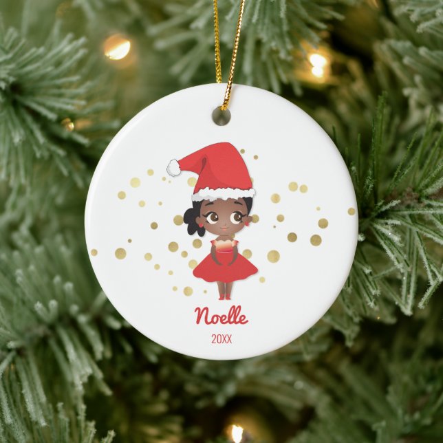 Little Girl Ballerina with Santa Hat Ceramic Ornament (Tree)