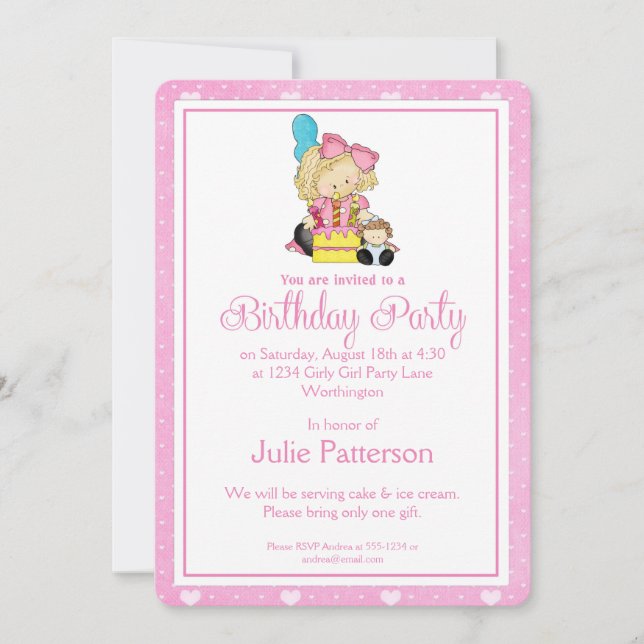 Little Girl Birthday Party Invitation Pink 2 (Front)