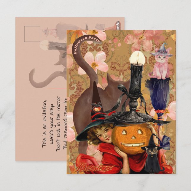 Little Girl Black Cat Pumpkin Vintage Postcard (Front/Back)