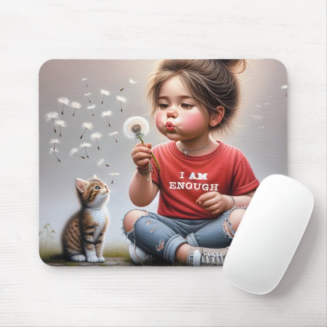 Little Girl Blowing Dandelions With Kitten Mouse Pad (With Mouse)