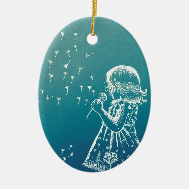 Little girl blowing on a dandelion ceramic ornament (Front)