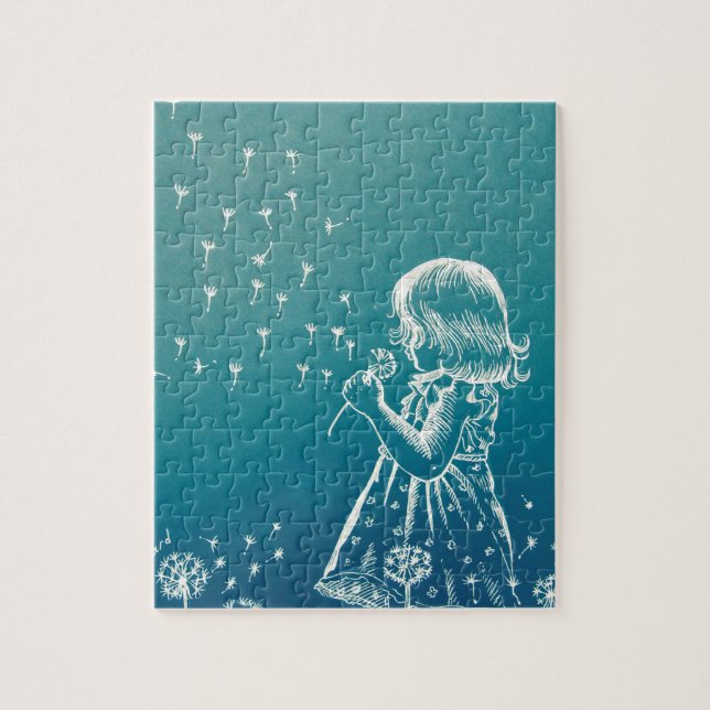 Little girl blowing on a dandelion jigsaw puzzle (Vertical)