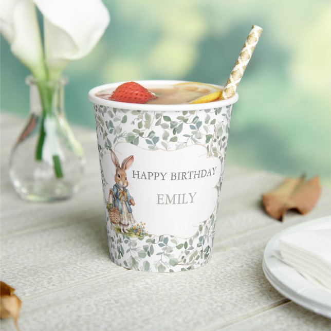 Little Girl Bunny Greenery First Birthday Paper Cups (Insitu)