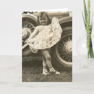 little girl by car with dress greeting card