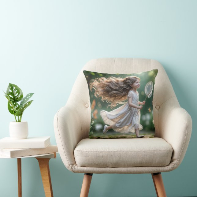 Little Girl Chasing Butterflies With a Net Throw Pillow (Chair)