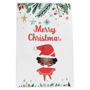 Little Girl Christmas Santa Hat Ballerina Medium Gift Bag