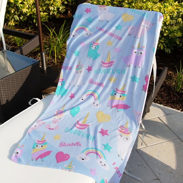 Little Girl Cute Llamacorn Pastel Pattern Beach Towel (Creator Uploaded)