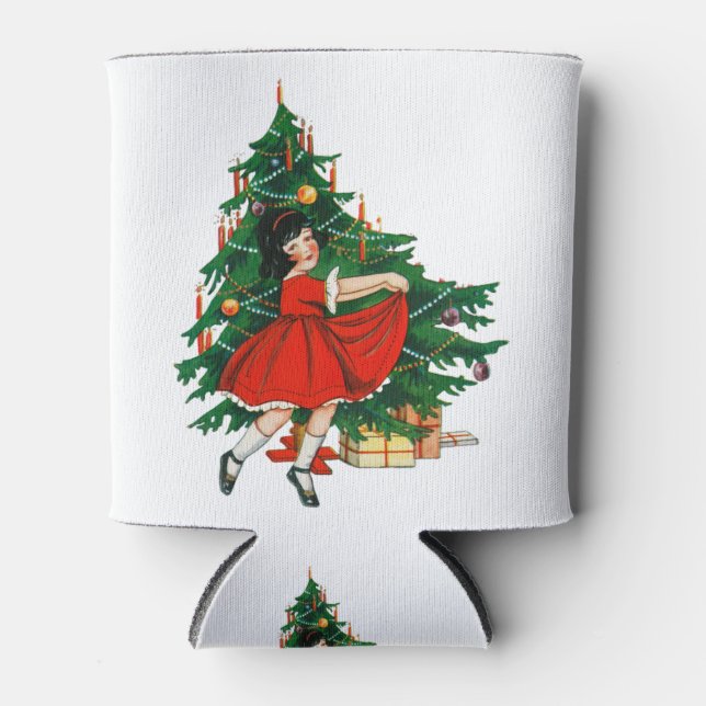 Little girl dancing next to a Christmas tree Can Cooler (Front)