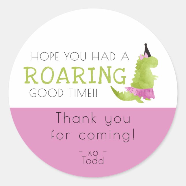 Little Girl Dinosaur theme party tutu Pink Green Classic Round Sticker (Front)