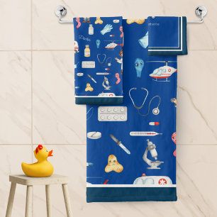 Little Girl Doctor Medical Pattern with Name, Blue Bath Towel Set