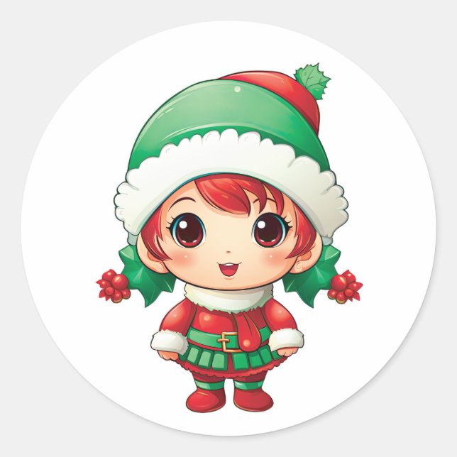 Little Girl Elf Xmas Magic Classic Round Sticker (Front)