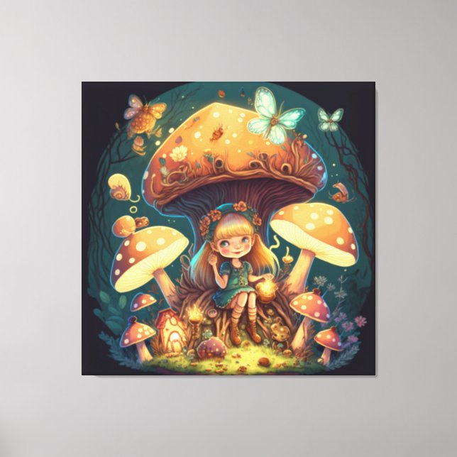 Little girl elve among mushrooms canvas print (Front)